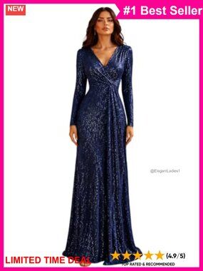 Long Sleeve Sequin Formal Maxi Dress V Neck Slit Evening Gown